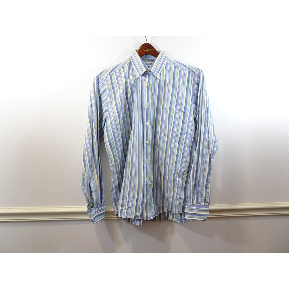 Mirto Mens Large Blue Green Yellow Striped Cotton Button Down Shirt Spain